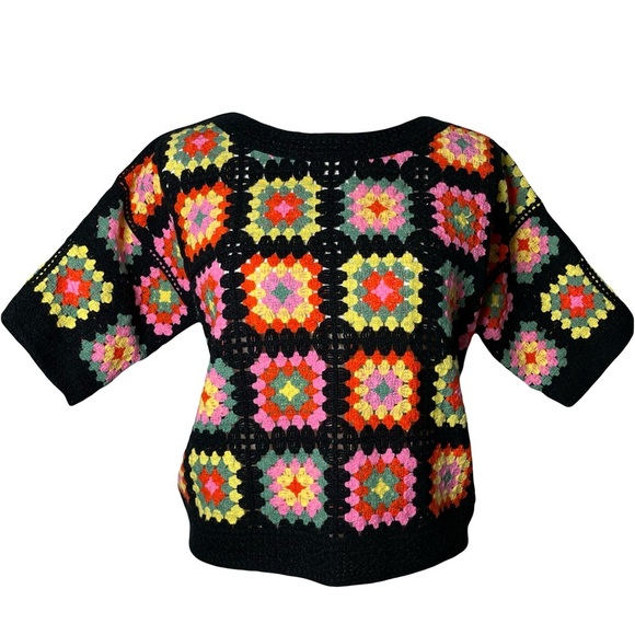 by Clara Sweaters - New Multicolor Granny Square Crop Short Sleeve Pullover Sweater Women’s Size M/L